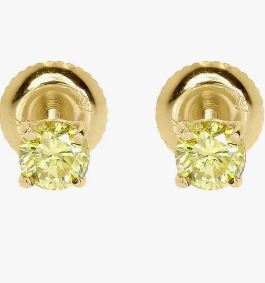 14k Gold Round Canary Solitaire Diamond Studs Earrings