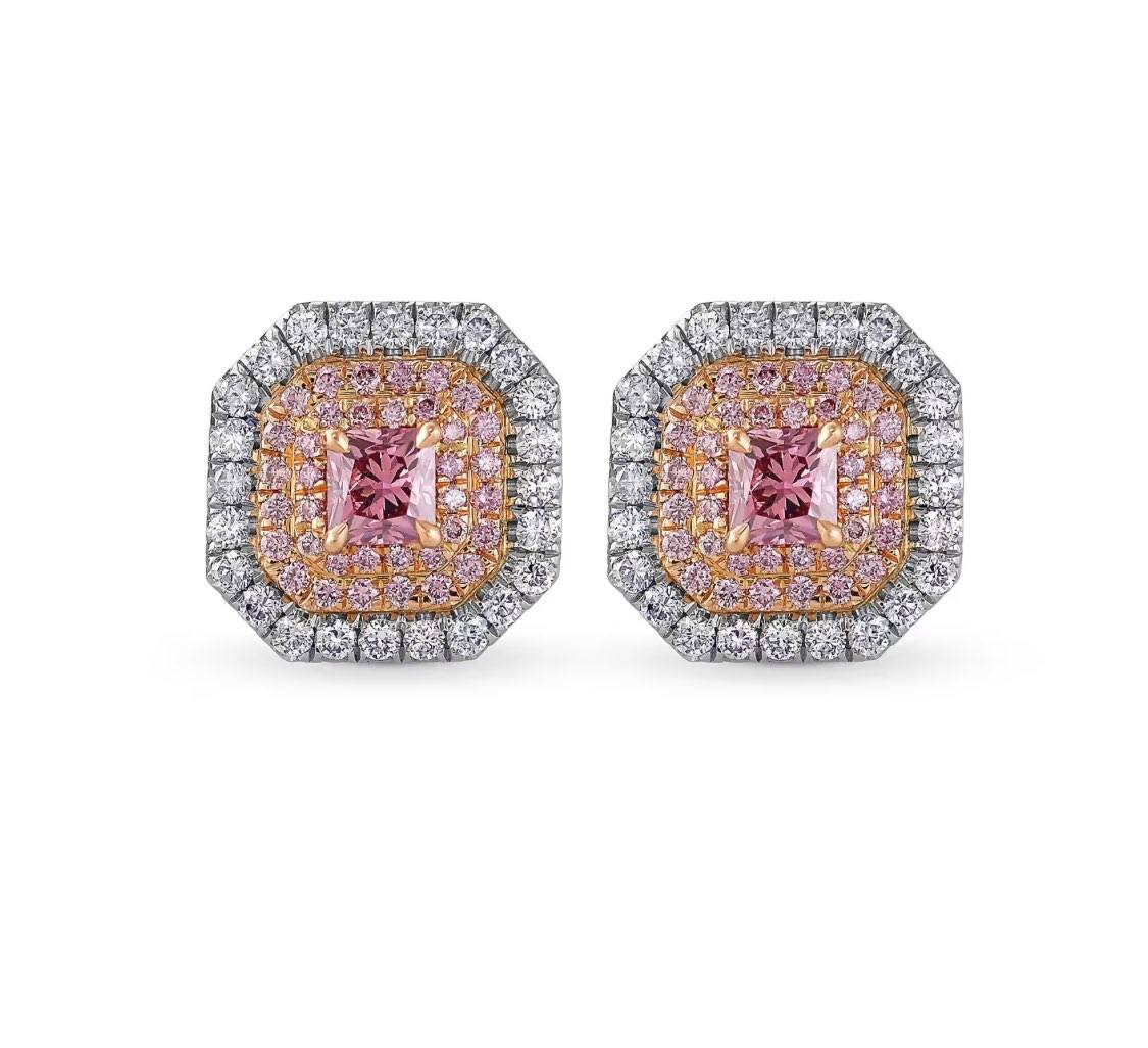 Stunning pair of Deep Pink Radiant Triple Halo Diamond 14k rose gold Earrings